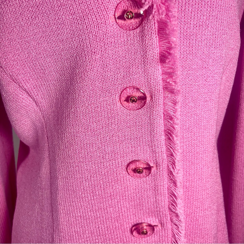 SOLD St. John Marie Gray Rare Y2K Santana Knit Hot Pink Logo Buttons Fringe - Picture 2 of 14